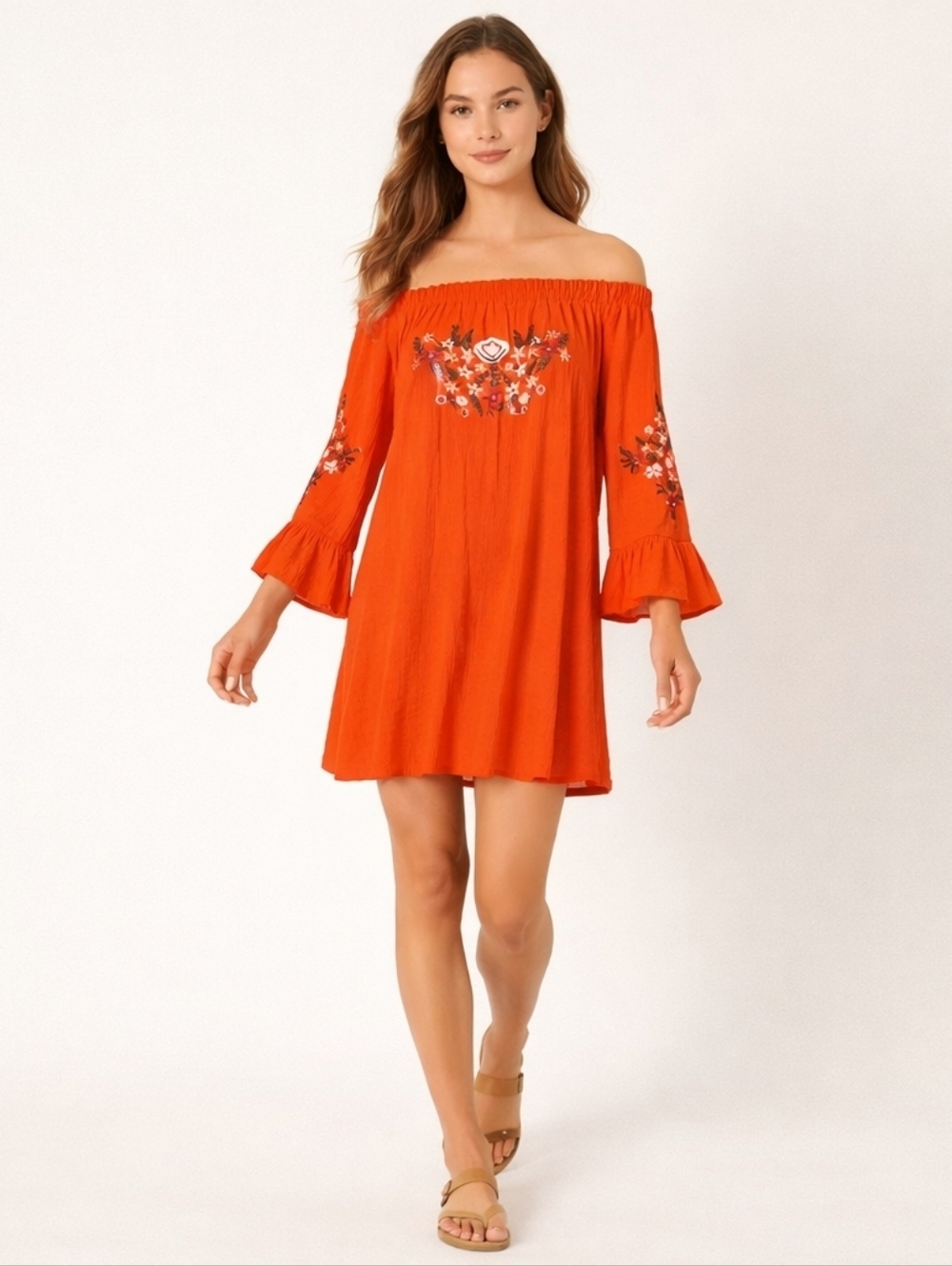 GUESS Presley Off Shoulder Embroidered Dress XS Fiesta Orange Boho Floral NWT - Picture 1 of 8